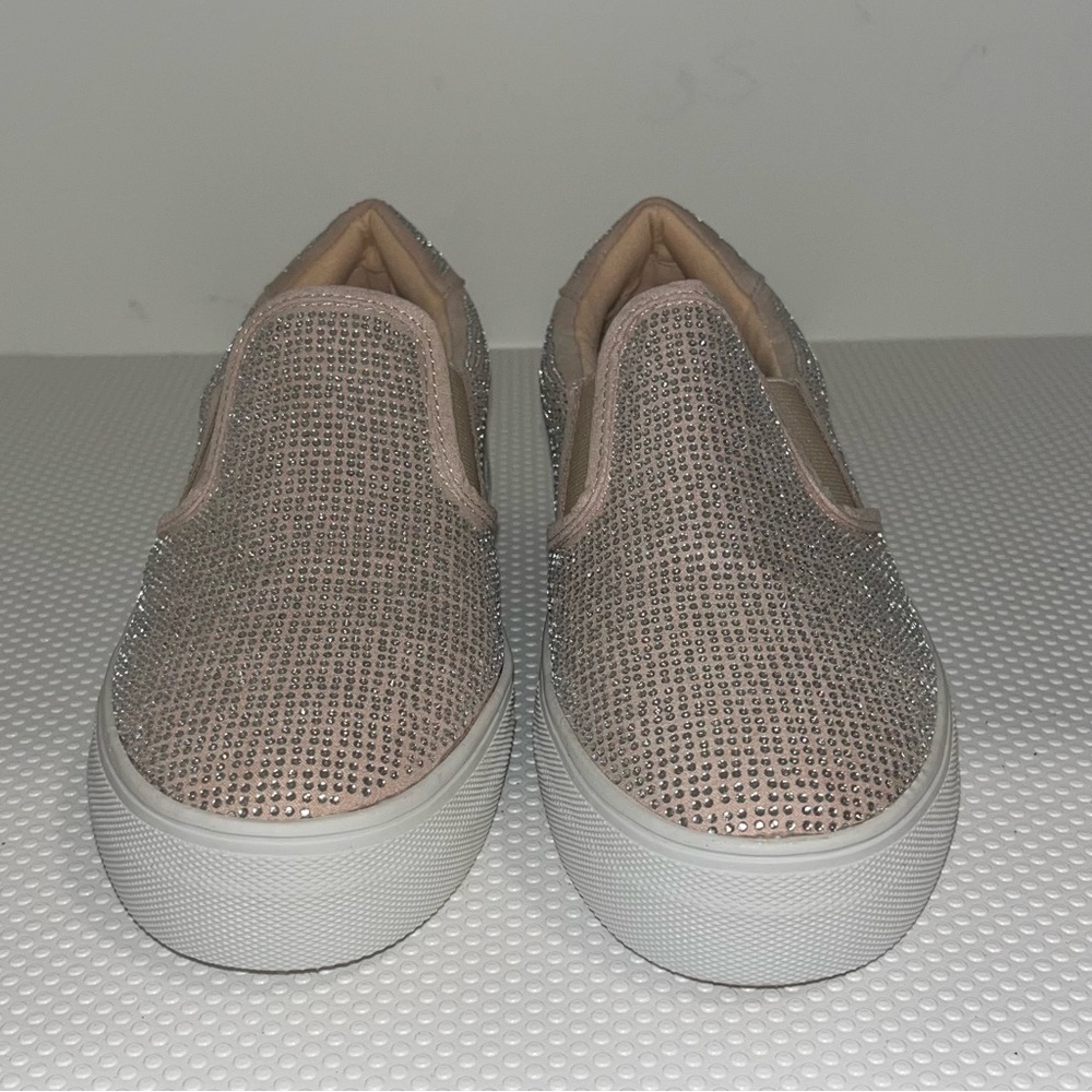 Shoe Dazzle Eloise Pink and Silver Slip-On Sneakers with rhinestones